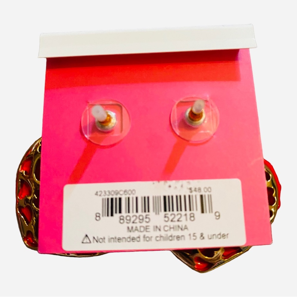 Betsey Johnson Earrings Puffed Red Hearts w Faux Pearls & Crystals Gold Tone NWT - Picture 3 of 3